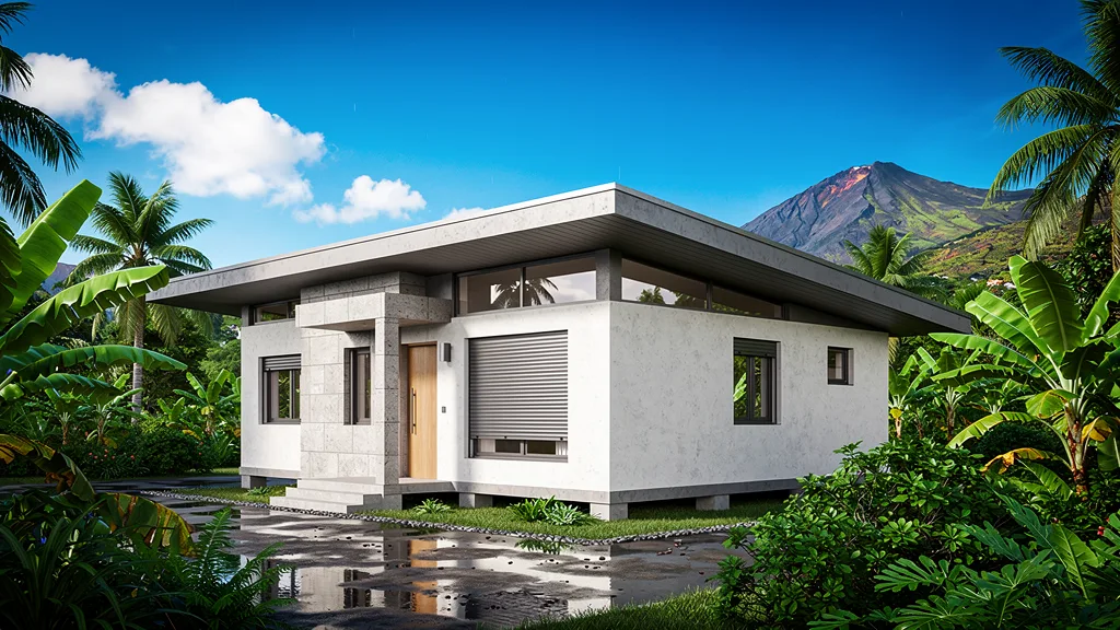 Reconstruction après cyclone à La Réunion — perspective 3D illustrative
